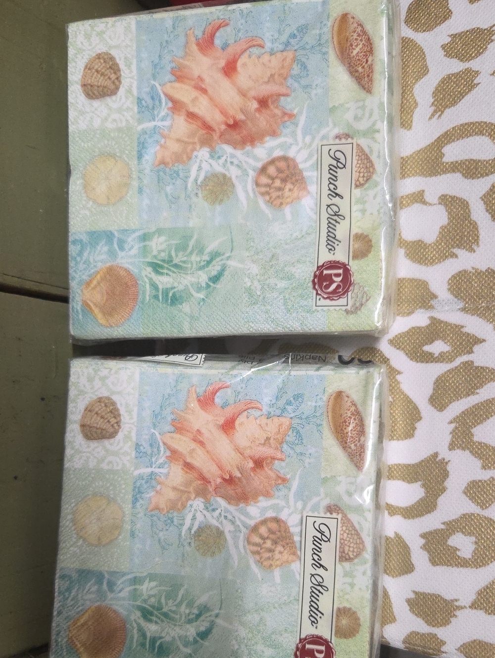Punch Studio Sea Shell Coastal Paper Napkins in Seafoam Green and Peach